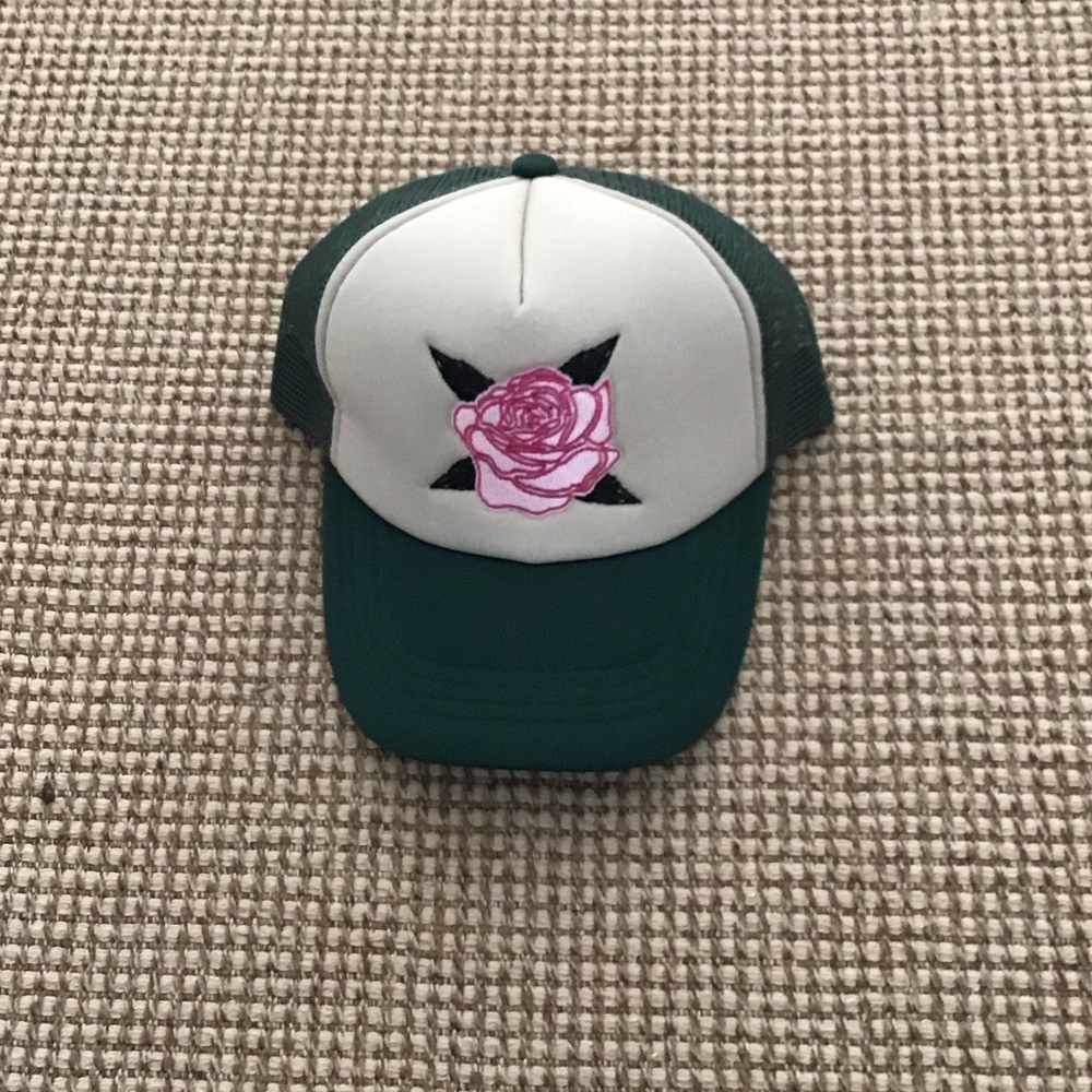 Altar'd State Green and Cream Kids' Hat with Pink Rose